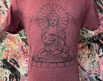 Men's Buddha T-Shirt by Unknown Artist Made in USA Heather Cranberry