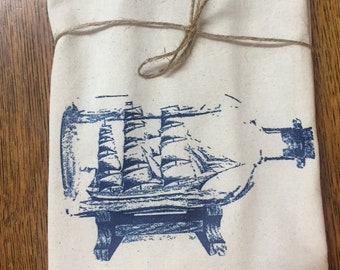 Ship In a Bottle Original Screenprint Tea Towel Organic Cotton Flour Sack Made in USA FREE Shipping!