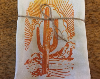 Retro Desert Saguaro Cactus Original Screenprint Tea Towel Organic Cotton Flour Sack Made in USA FREE Shipping!
