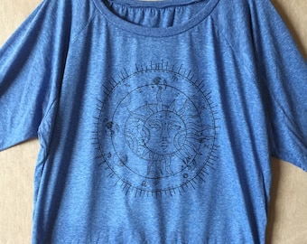 SUN y LUNA Signos astrológicos Planetary Ladies Camiseta de jersey estilo "sudadera" Slouchy Made in USA