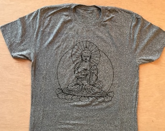 Men's Buddha T-Shirt by Unknown Artist Made in USA Athletic Gray