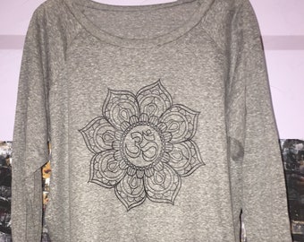 OM symbol Lotus Flower Art Print Slouchy "Sweatshirt" style T-shirt  American Made Athletic Grey