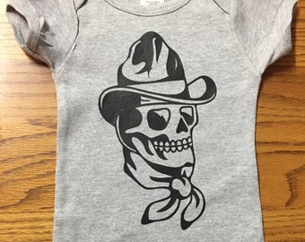 Western Cowboy Skull Baby Onesie Bodysuit T-shirt Original Art Screenprint  Great Gift!