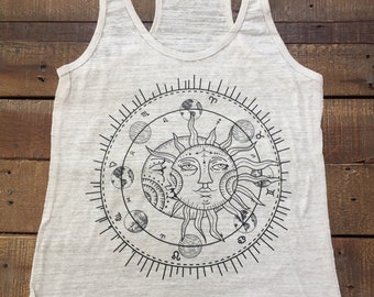 SUN and MOON Astrological Planetary Tank T-shirt Ladies Made in USA