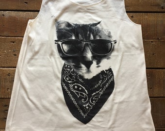 Kitty Cat in Sunglasses Tank Top T-shirt Ladies American Made Creme