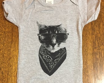 Cat with Sunglasses Baby Onesie Bodysuit T-shirt Original Art Screenprint  Great Gift!
