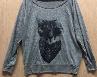 Bandit Kitty Cat Art Print Ladies Raglan Pullover Slouchy T-shirt American Made