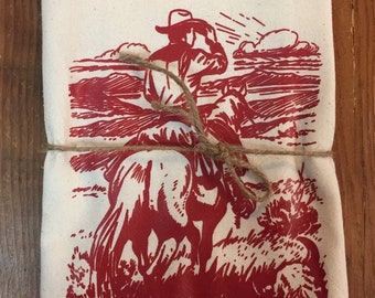 Retro Vintage Cowboy on Horse Original Screenprint Tea Towel Organic Cotton Flour Sack Made in USA FREE Shipping!