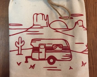 Retro Vintage Desert Camper Original Screenprint Tea Towel Organic Cotton Flour Sack Made in USA FREE Shipping!