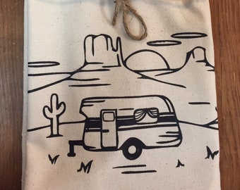 Retro Vintage Desert Camper Original Screenprint Strofinaccio Sacco di farina di cotone biologico Made in USA Spedizione GRATUITA!