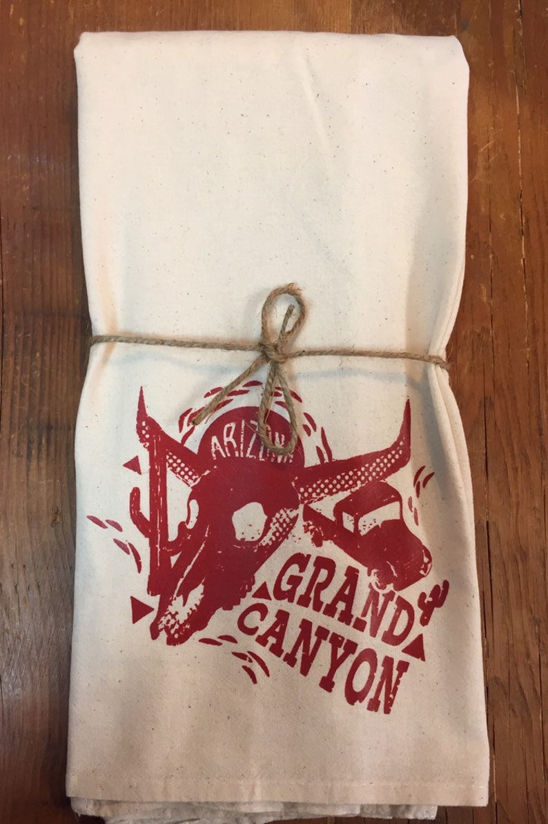 Retro Vintage Grand Canyon Arizona Souvenir Original Screenprint Tea Towel Organic Cotton Flour Sack Made in USA FREE Shipping Dark Red