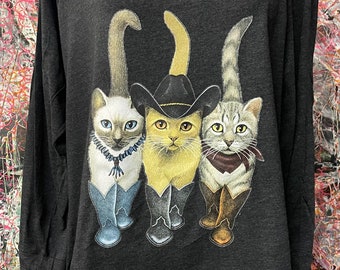 Hipster Cats in Boots Pullover Dark Charcoal Slouchy T-shirt "Sweatshirt"  Top Made In USA