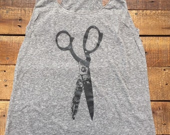 Big Scissors Cutting Shears Tank Top Tri-Blend Gray or Charcoal Black Made in USA