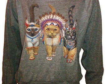 Three Native Kitty Cats Pullover Slouchy T-shirt with "Sweatshirt" styling Top American Made