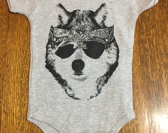 Party WOLF Baby Onesie Bodysuit T-shirt Original Art Screenprint  Great Gift!