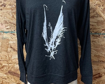 SAMPLE SALE- Sz Medium Two Feathers Art Print Ladies Raglan Pullover Slouchy T-shirt with Sweatshirt styling   Made in USA