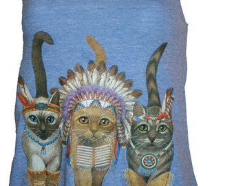 Three Native Kitty Cats Tri Blend Tank Top Athletic Blue