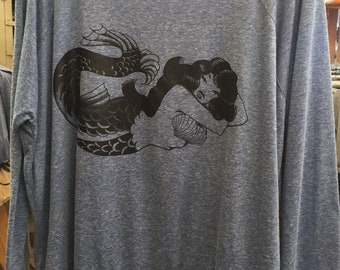 Retro Pin Up Mermaid Art Print Ladies Slouchy "Sweatshirt" style Pullover T-shirt Made in USA