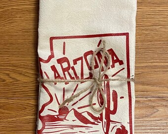 Arizona State Saguaro Cactus Valley of the Sun Screenprint Tea Towel Organic Cotton Flour Sack Made in USA