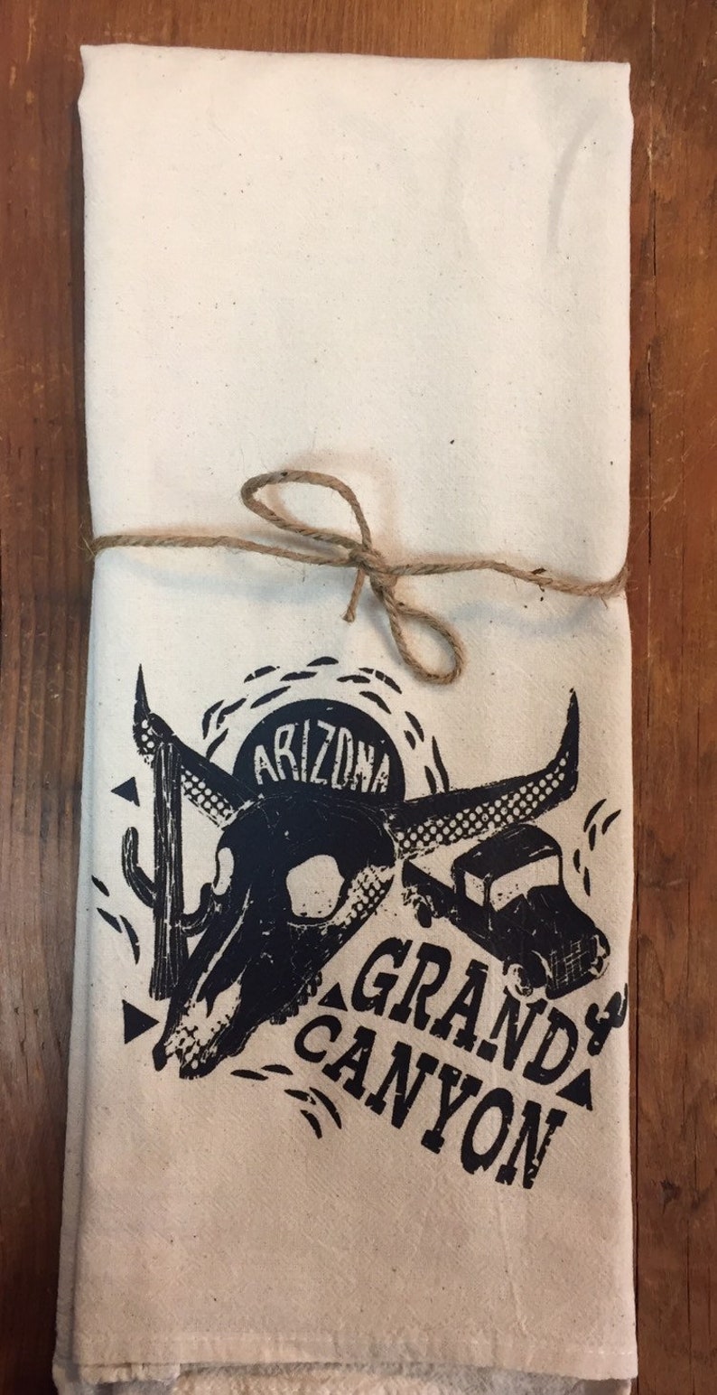 Retro Vintage Grand Canyon Arizona Souvenir Original Screenprint Tea Towel Organic Cotton Flour Sack Made in USA FREE Shipping Black