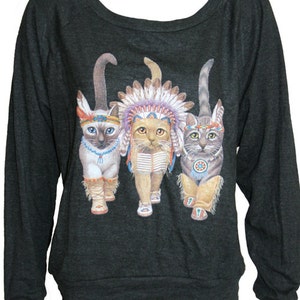 Three Native Kitty Cats Pullover Dark Charcoal Slouchy T-shirt Sweatshirt Top Made in USA image 1