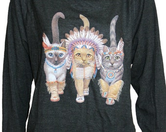 Three Native Kitty Cats Pullover Dark Charcoal Slouchy T-shirt  "Sweatshirt"  Top Made in USA
