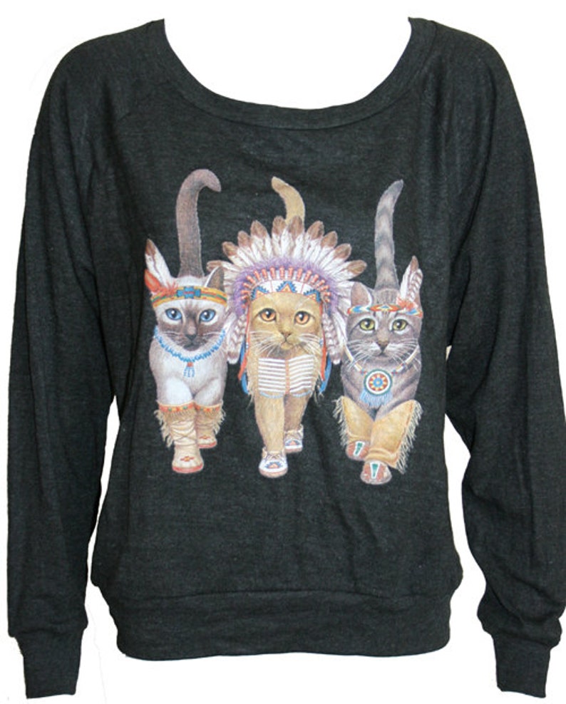 Three Native Kitty Cats Pullover Dark Charcoal Slouchy T-shirt Sweatshirt Top Made in USA image 1