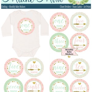 FREE GIFTS set of 16 Baby Girl Monthly Stickers, Baby Month Stickers Mint, Pink, Gold Heart Woodland Nursery Baby Boho Photo Prop image 4