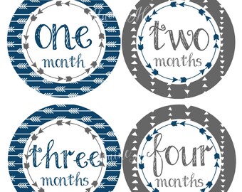 FREE GIFTS!  Baby Boy Monthly Stickers, Baby Month Stickers, Milestone Stickers, Arrows, Woodland Nursery Decor, Navy, Gray Photo Prop Gift