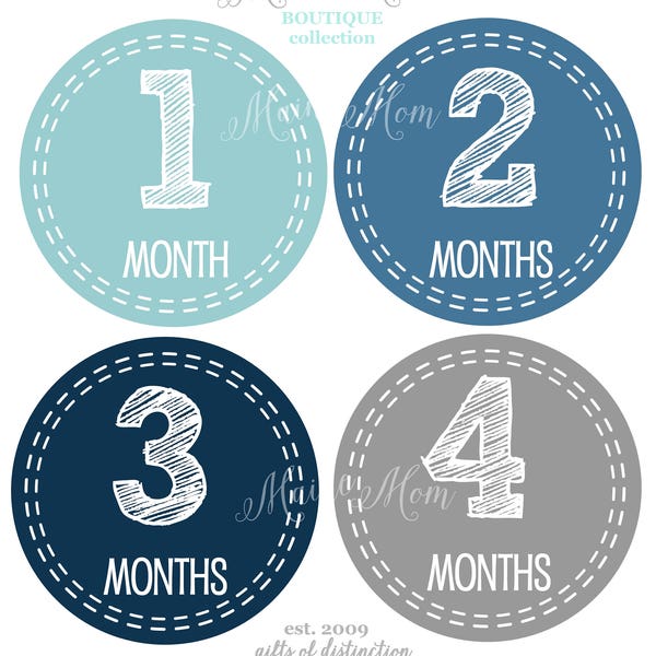 Set of 16  Baby Boy Month Stickers, Baby Monthly Stickers, Milestone Stickers, Baby Boy Nursery , Navy, Blue, Gray Woodland