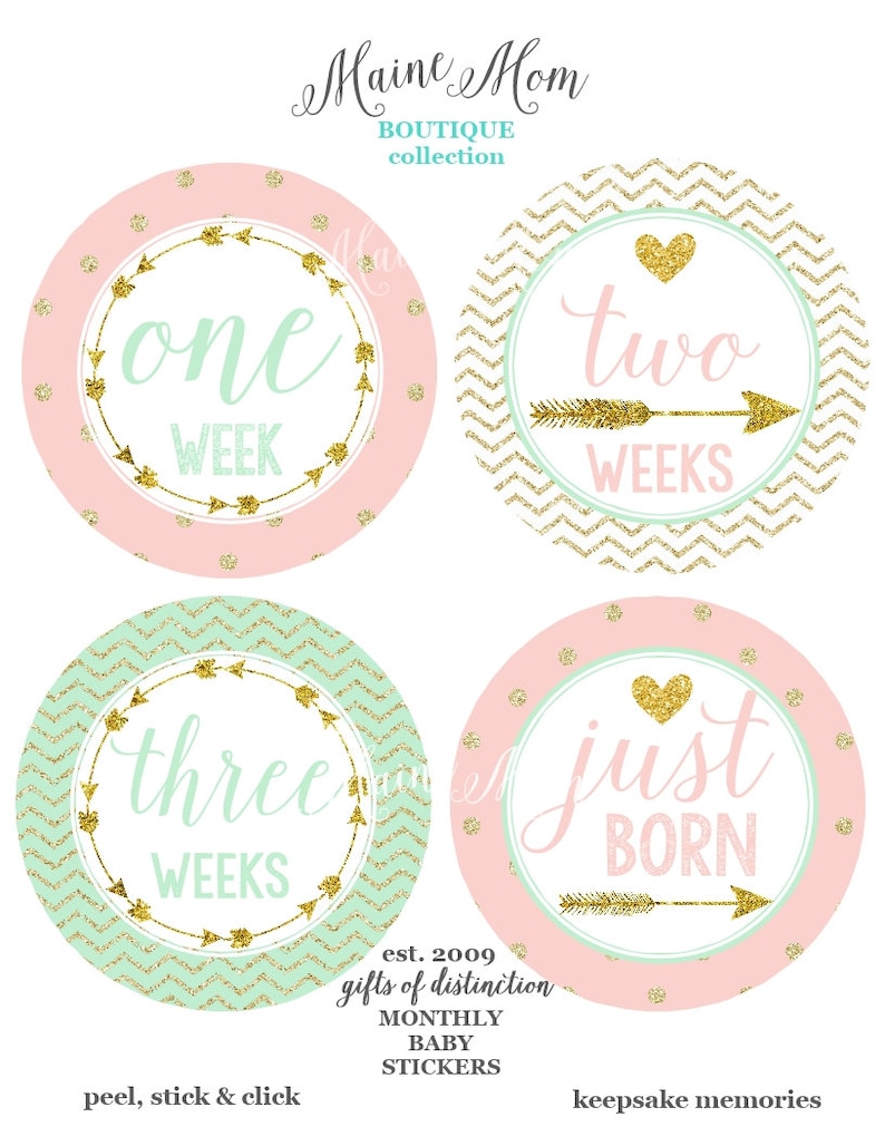 FREE GIFTS set of 16 Baby Girl Monthly Stickers, Baby Month Stickers Mint, Pink, Gold Heart Woodland Nursery Baby Boho Photo Prop image 5