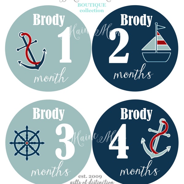 FREE GIFTS! PERSONALIZED, Baby Month Stickers, Baby Monthly Stickers, Nautical, Anchor, Sailboat, Milestone Stickers, Nautical Nursery, Navy
