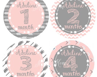FREE GIFTS! PERSONALIZED, Arrows, Chevron, Baby Girl Monthly Stickers,  Month Stickers, Bodysuit Stickers Just Born Newborn Pink Gray Arrows