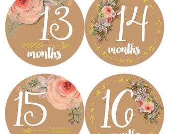 GIFT, Baby Girl Monthly 2nd year Stickers, Month Stickers,Baby Milestone Stickers  Arrows Gold Glitter Watercolor Floral Bodysuit