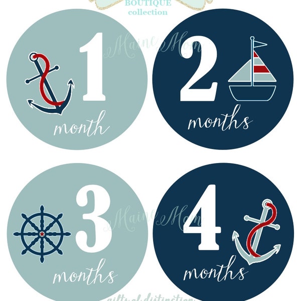 SALE 16 Baby Month Stickers, Baby Monthly Stickers, Nautical, Anchor, Sailboat, Milestone Stickers, Nautical Nursery Decor Navy Blue Baby