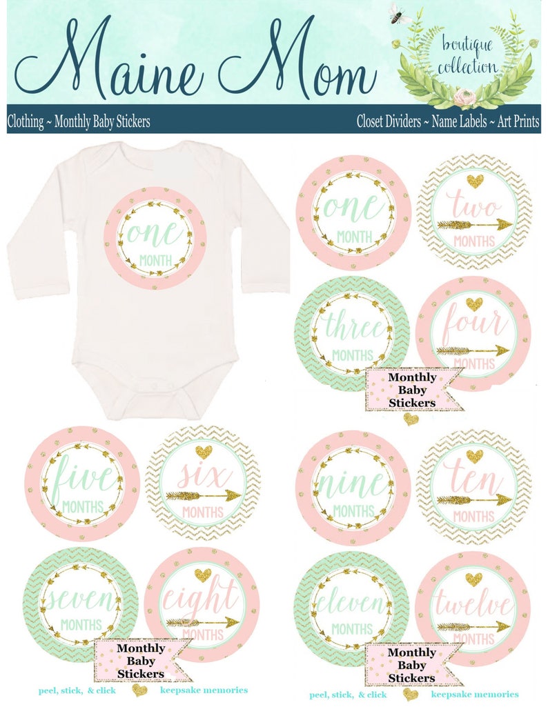 FREE GIFTS set of 16 Baby Girl Monthly Stickers, Baby Month Stickers Mint, Pink, Gold Heart Woodland Nursery Baby Boho Photo Prop image 4