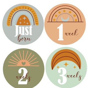 Set of 16 Boho  Baby Month Stickers, Monthly Stickers, Mod Woodland Tribal Nursery rainbow heart moon stars celestial decor