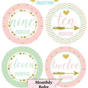 FREE GIFTS set of 16 Baby Girl Monthly Stickers, Baby Month Stickers Mint, Pink, Gold Heart Woodland Nursery Baby Boho Photo Prop image 3