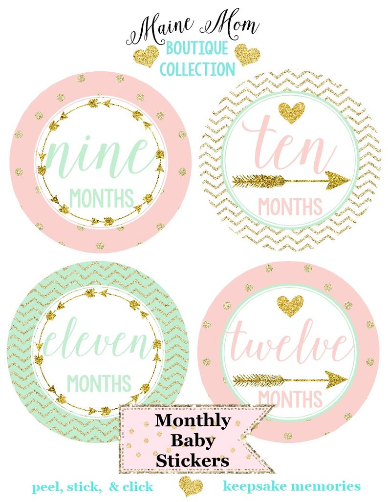 FREE GIFTS set of 16 Baby Girl Monthly Stickers, Baby Month Stickers Mint, Pink, Gold Heart Woodland Nursery Baby Boho Photo Prop image 3