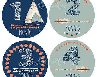 FREE GIFTS! Baby Boy Monthly Stickers, Baby Boy Month Stickers, Milestone Stickers, Arrows, Teepee, Navy, Blue Orange  Woodland Nursery