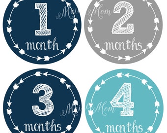 FREE GIFTS! Monthly Baby Boy Stickers, Baby Month Stickers, Milestone Stickers, Arrows, Woodland Nursery Decor, Navy, Blue, Gray Baby