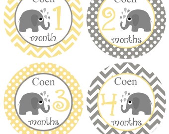 FREE GIFTS! PERSONALIZED Baby Monthly Bodysuit Stickers Elephants Yellow Gray Gender Neutral Boy Girl Chevron Polka Dots