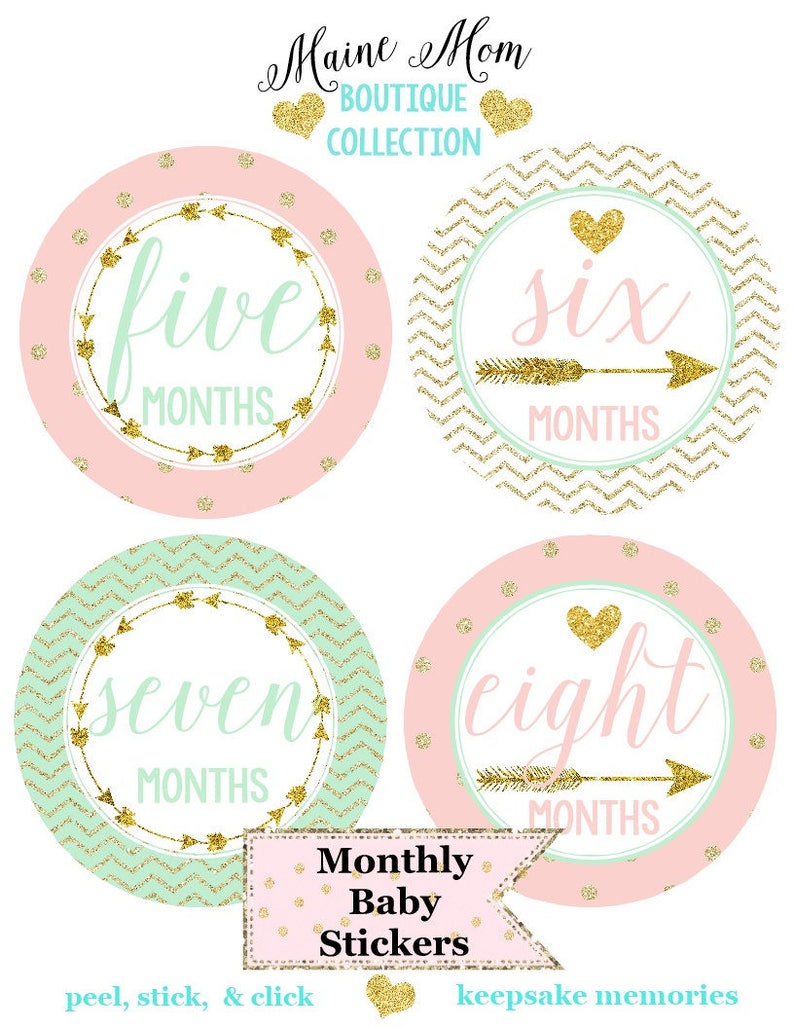 FREE GIFTS set of 16 Baby Girl Monthly Stickers, Baby Month Stickers Mint, Pink, Gold Heart Woodland Nursery Baby Boho Photo Prop image 2