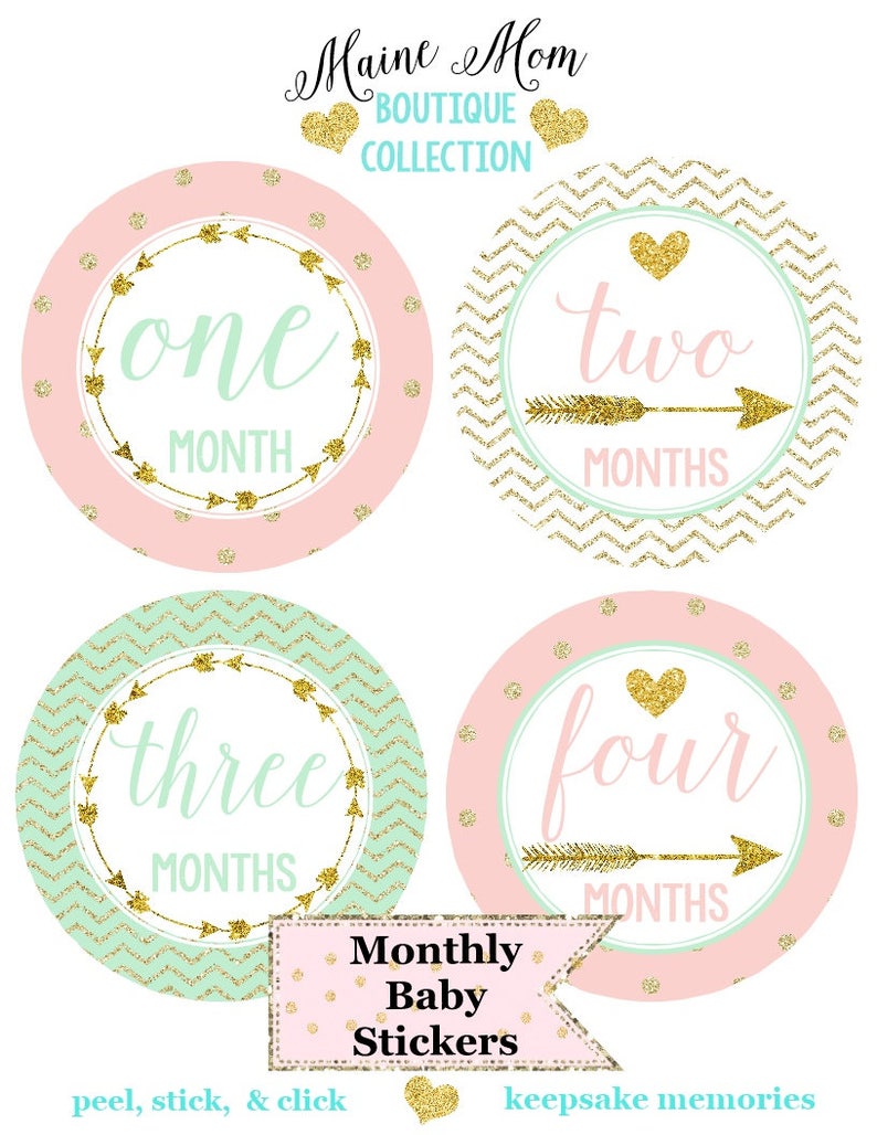 FREE GIFTS set of 16 Baby Girl Monthly Stickers, Baby Month Stickers Mint, Pink, Gold Heart Woodland Nursery Baby Boho Photo Prop image 1