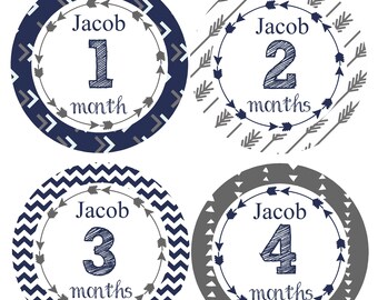 FREE GIFTS!Personalized NAME Baby Boy Month Stickers, Monthly Baby Stickers, Navy, Gray, Grey, Arrows, Chevron, Woodland  Nursery Decor,