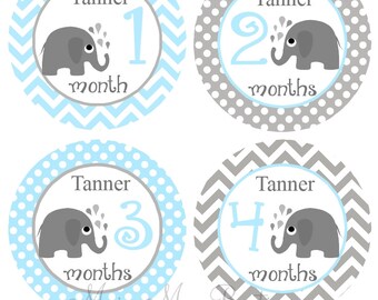 FREE GIFTS! PERSONALIZED Name Baby Monthly Stickers, Month Bodysuit Stickers, Elephants Blue Grey Gray  Boy Girl Chevron Polka Dots