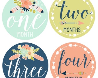 FREE GIFTS! Boho Baby Girl Month Stickers, Baby Monthly Stickers, Floral Stickers,   Arrow Feathers  Stickers,  Flowers Nursery Baby