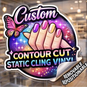 Könnte beinhalten: Ein individueller, konturgeschnittener, statisch haftender Vinyl-Aufkleber mit Schmetterling und Handdesign. Der Aufkleber zeigt eine Hand mit lackierten Nägeln in Lila-, Rosa- und Gelbtönen. Der Text lautet "Custom", "CONTOUR CUT" und "STATIC CLING VINYL".