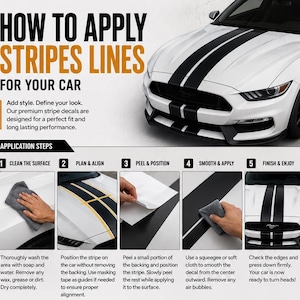 Puede incluir: Imagen de un coche blanco con rayas negras e instrucciones sobre c&oacute;mo aplicarlas. Los pasos son: limpiar la superficie, planificar y alinear, pelar y colocar, alisar y aplicar, y terminar y disfrutar.