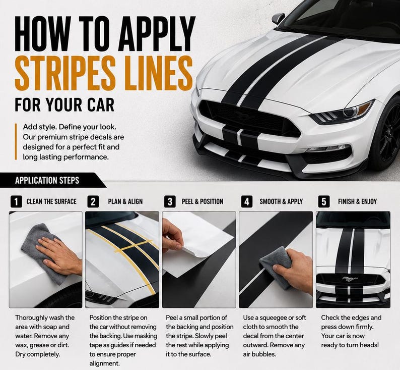 Puede incluir: Imagen de un coche blanco con rayas negras e instrucciones sobre c&oacute;mo aplicarlas. Los pasos son: limpiar la superficie, planificar y alinear, pelar y colocar, alisar y aplicar, y terminar y disfrutar.